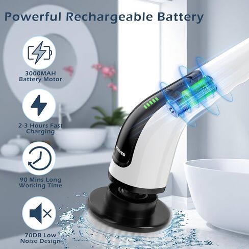 جهاز تنظيف كهربائي تدور ، فرك فرشن تنظيف اللاسلكي للمنزل ، 8 رؤوس فرشاة قابلة للاستبدال-90 دقيقة وقت العمل ، 3 حجم قابل للتعديل ، وسرعان لسيارة حمام حمام حوض الاستحمام in Kuwait