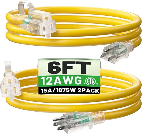 POWGRN 25 ft 12/3 Outdoor Extension Cord Waterproof Heavy Duty with Lighted Indicator End 12 Gauge 3 Prong, Flexible Cold-Resistant Long Power Cord Outside, 15Amp 1875W SJTW Yellow ETL Listed in Saudi Arabia