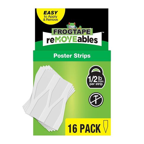 FrogTape reMOVEables Poster Strips, No Damage Hanging Strips, Removable Poster Hangers, Stick On Adhesive Wall Tape Alternative for Pictures, Home, School, Office, White, 16 Strips in Kuwait