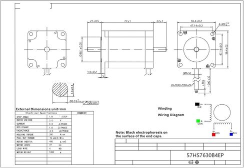 Stepper Motor NEMA23 2-Phase 4 Wire fuselage Length 76mm 1.8Nm .8Degree 3A Shaft 6.35mm Single/Double 57HS7630A4EP/B4EP in Kuwait