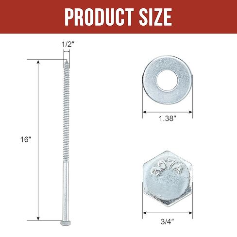 مسامير متخلفة 1/2 بوصة × 16 بوصة (12 قطعة) مسامير متخلفة 1/2 بوصة للخشب، رأس سداسي عالي التحمل مع غسالات، مطلي بالزنك in Kuwait