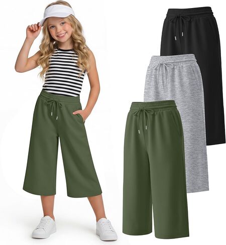 Halfchet 3 حزمة بنات كابري السراويل واسعة الساق فضفاضة اقتصاص Sweatpants الأطفال الأساسية عارضة Capris مع جيوب للأعمار 5-14 in Saudi Arabia