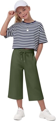 Halfchet Girls Capri Pants Wide Leg Baggy Cropped Sweatpants Loose Fit Casual Basic Capris with Pockets for Ages 5-14 in Saudi Arabia