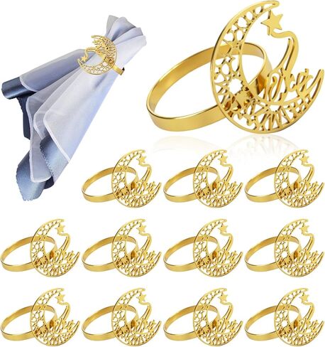 Chris.W 12Pcs Moon and Star Napkin Rings for Eid al-Fitr Ramadan Decorations, Hollow Metal Napkin Holders for Eid al-Adha Table Setting, Muslim Festival Party Dinner Decor Table Accessories (Gold) in Saudi Arabia