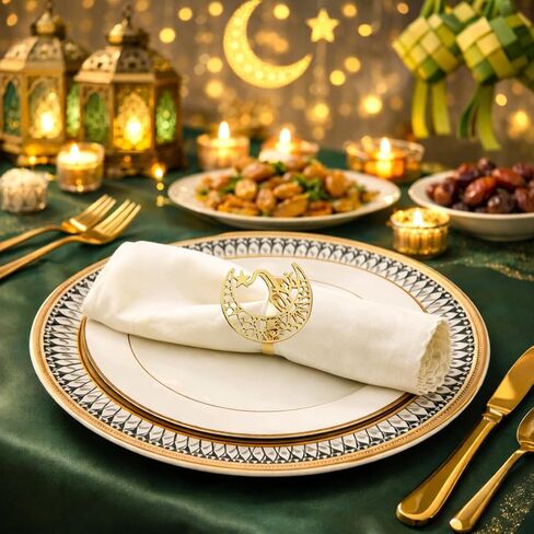 Chris.W 12Pcs Moon and Star Napkin Rings for Eid al-Fitr Ramadan Decorations, Hollow Metal Napkin Holders for Eid al-Adha Table Setting, Muslim Festival Party Dinner Decor Table Accessories (Gold) in Saudi Arabia