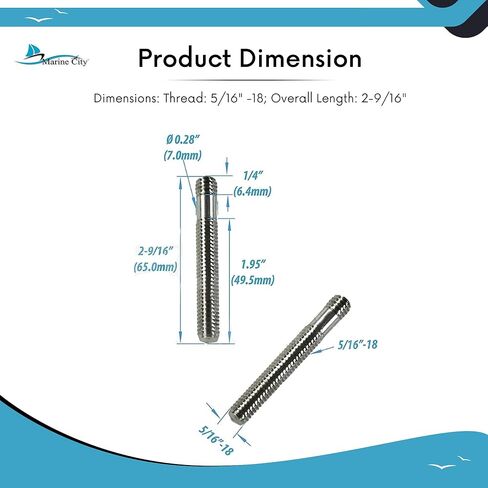 MARINE CITY Mounting Studs Kit for Handrails, Cleats, 304 Grade Stainless Steel, 5/16 x 2-9/16 Inches,Corrosion-Resistant, Includes Washers, Nuts, and Plastic Caps in Saudi Arabia