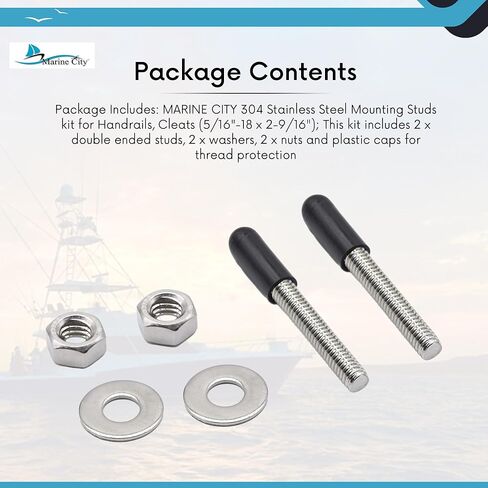 MARINE CITY Mounting Studs Kit for Handrails, Cleats, 304 Grade Stainless Steel, 5/16 x 2-9/16 Inches,Corrosion-Resistant, Includes Washers, Nuts, and Plastic Caps in Saudi Arabia