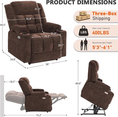 EONIX Wide Lay Flat Power Lift Recliner Chair for Elderly, Oversized Electric Recliner Lift Chair for Adults with Heat and Massage, Cup Holders, 400lbs Heavy Duty, Coffee in Saudi Arabia