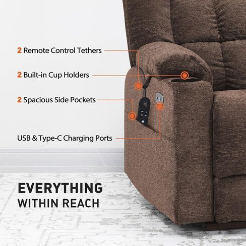EONIX Wide Lay Flat Power Lift Recliner Chair for Elderly, Oversized Electric Recliner Lift Chair for Adults with Heat and Massage, Cup Holders, 400lbs Heavy Duty, Coffee in Saudi Arabia