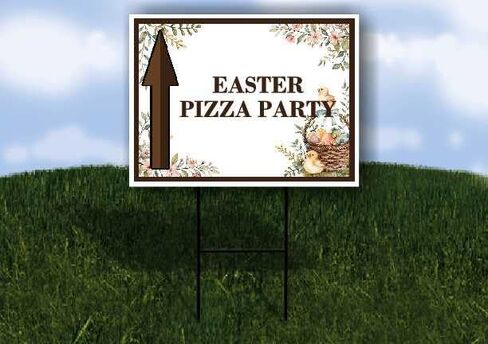 Easter Pizza Party Easter Spring Vintage Chicks Eggs Basket Brown Up Arrows A-Frame Single Sided 23x23 in. sign in Kuwait