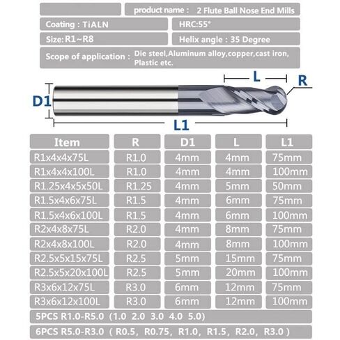 1 قطعة اثنين من المزامير الصلبة كربيد الكرة الأنف نهاية المطاحن CNC بت R0.5-R6.0 كربيد قاطعة المطحنة ماكينة بتحكم رقمي بالكمبيوتر راوتر بت أدوات الطحن in Kuwait