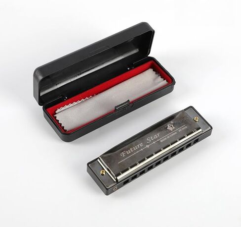 10 Hole Harmonica with gift case, C Key Blues Mouth Organ Musical Instrument for Beginners, Professional, Teenagers and Adults - Black in Saudi Arabia