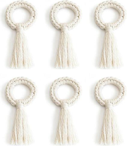 Handmade Tassel Woven Napkin Rings,6 Pcs Boho Style,Rustic and farhouse Cotton Napkin Rings for Table Settings, Weddings, and Kitchen Decor (White) in Saudi Arabia