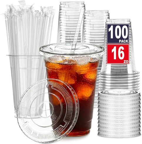 عبوة من 200 قطعة من أرتليميرز - أكواب بلاستيكية شفافة سعة 16 أونصة مع أغطية وقش، أكواب قهوة مثلجة للاستعمال مرة واحدة مع أغطية للمشروبات الباردة، كوب عصير كريستال تو جو، ميلك شيك، العصائر، ملحقات القهوة in Kuwait