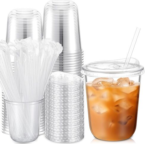 Ziliny 50 Pack 16 oz Clear Plastic Cups with Sip Lids & Straws, Disposable PET Crystal Iced Coffee Cups with Lids for Coffee Smoothie, Milkshake, Cold Drinks in Saudi Arabia