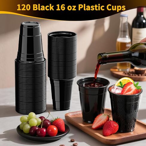 120 Pack 16 oz Black Cups, Heavy Duty Black Plastic Cups for Party, Cold Drinks, BBQ, Black Disposable Cups for Christmas, Halloween, Wedding, Birthday, Picnic, Serving and Celebrations in Saudi Arabia