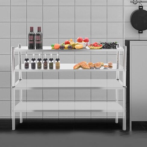 رف مزدوج من الفولاذ المقاوم للصدأ مقاس 30.48 سم × 152.4 سم سعة الوزن 176 رطل، رف قابل للتعديل بطبقتين للإعداد وطاولة العمل في المنزل والمطبخ in Kuwait