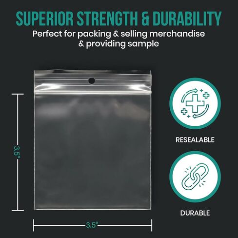 Levex - 3.5" x 3.5" (100 Count) 4 Mil Heavy Duty Clear Hang Hole Display Reclosable Zip Plastic Poly Bags with Resealable Lock Seal Zipper for Travel, Storage, Packaging & Shipping in Kuwait