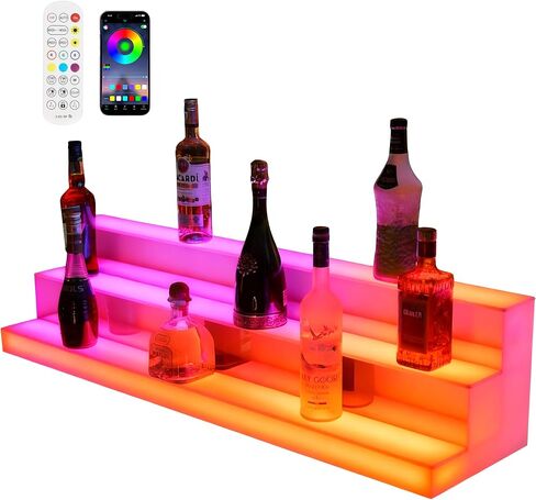 Acrylic Led Lighted Liquor Bottle Display Bar Shelf Alcohol Whiskey Shelves Rack Stand Tray Units for Home Bar Living Room with Remote Control 40 inch 3 Steps in Saudi Arabia
