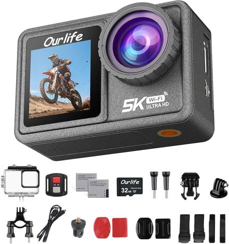 5K WiFi Action Camera with Front LCD & Touch Screen,EIS 100FT Waterproof Underwater Camera 170°Ultra Wide Angle 5X Zoom Sports Camera with 2.4G 15M Remote Control 32GB Memory Card and Accessories in Kuwait