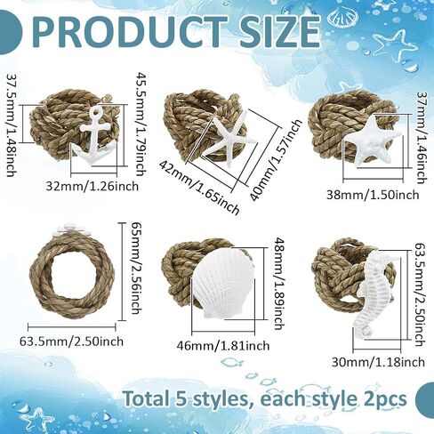 PH PandaHall Coastal Starfish Napkin Rings 5 Styles Starfish Shell Napkin Rings Seahorse Anchor Serviette Holder Natural Rattan Serviette Holder for Beach Boho Wedding Farmhouse Dining Table Decor in Saudi Arabia