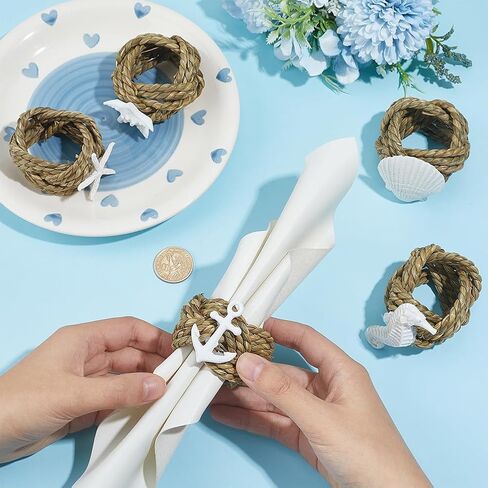 PH PandaHall Coastal Starfish Napkin Rings 5 Styles Starfish Shell Napkin Rings Seahorse Anchor Serviette Holder Natural Rattan Serviette Holder for Beach Boho Wedding Farmhouse Dining Table Decor in Saudi Arabia