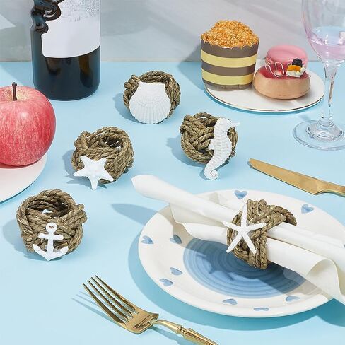 PH PandaHall Coastal Starfish Napkin Rings 5 Styles Starfish Shell Napkin Rings Seahorse Anchor Serviette Holder Natural Rattan Serviette Holder for Beach Boho Wedding Farmhouse Dining Table Decor in Saudi Arabia