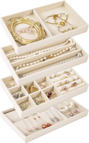 2025 New Jewelry Drawer Organizer Inserts, Stackable Velvet Jewelry Storage Tray for Dresser Drawers, Beige Flat Stacking Display Case for Rings Stud Necklaces Accessories in Saudi Arabia