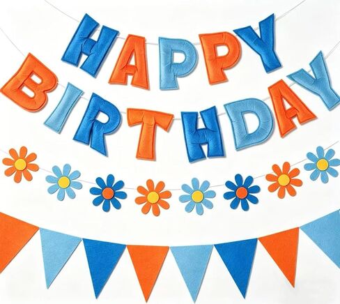 Felt Birthday Decorations, NO DIY, Pre-Strung 3D Felt Happy Birthday Banner with Fabric Flower Garland, Colorful Triangle Flags, Birthday Party Decorations for Women Men Boys Girls (Purple) in Saudi Arabia
