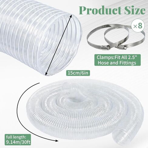 6 Inches 30 FT PVC Dust Collection Hose, Flexible Puncture Resistant Hose with 8 Stainless Steel Clamps, Clear Vacuum Hose for Industrial and Home Use in Kuwait