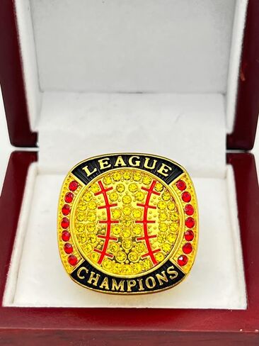 Discount Sports Rings BALL LEAGUE CHAMPIONSHIP RING — GOLD BODY, YELLOW STONES, RED LACES Item 5-30 in Saudi Arabia