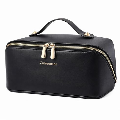 Makeup Bag, Travel Toiletry Bag for Women, Large Capacity Waterproof PU Leather Cosmetic Bags Make Up Organizer Bags with Headband and Wristband Set (Brown, Lychee Pattern) in Saudi Arabia