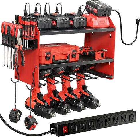 Power Tool Organizer Wall Mount with Charging Station, Heavy Duty 3 Layer Garage Tool Storage with 4 Cordless Drill Holder and 8 Outlet Power Strip, Gift for Men Husband Dad Birthday Anniversary red in Saudi Arabia