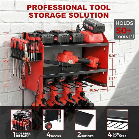 Power Tool Organizer Wall Mount with Charging Station, Heavy Duty 3 Layer Garage Tool Storage with 4 Cordless Drill Holder and 8 Outlet Power Strip, Gift for Men Husband Dad Birthday Anniversary red in Saudi Arabia