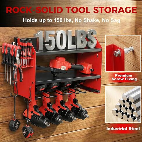 Power Tool Organizer Wall Mount with Charging Station, Heavy Duty 3 Layer Garage Tool Storage with 4 Cordless Drill Holder and 8 Outlet Power Strip, Gift for Men Husband Dad Birthday Anniversary red in Saudi Arabia