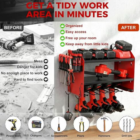 Power Tool Organizer Wall Mount with Charging Station, Heavy Duty 3 Layer Garage Tool Storage with 4 Cordless Drill Holder and 8 Outlet Power Strip, Gift for Men Husband Dad Birthday Anniversary red in Saudi Arabia