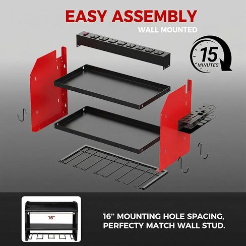 Power Tool Organizer Wall Mount with Charging Station, Heavy Duty 3 Layer Garage Tool Storage with 4 Cordless Drill Holder and 8 Outlet Power Strip, Gift for Men Husband Dad Birthday Anniversary red in Saudi Arabia