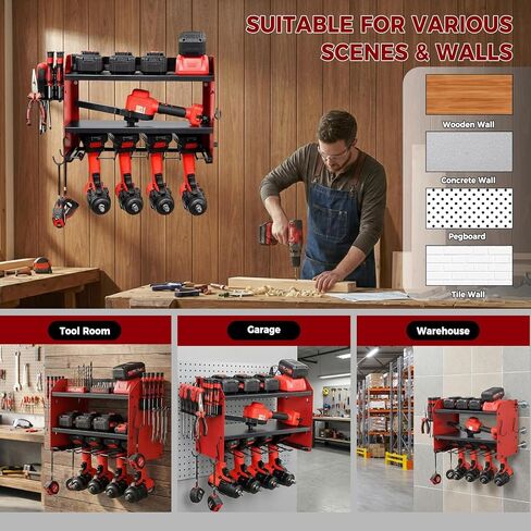 Power Tool Organizer Wall Mount with Charging Station, Heavy Duty 3 Layer Garage Tool Storage with 4 Cordless Drill Holder and 8 Outlet Power Strip, Gift for Men Husband Dad Birthday Anniversary red in Saudi Arabia