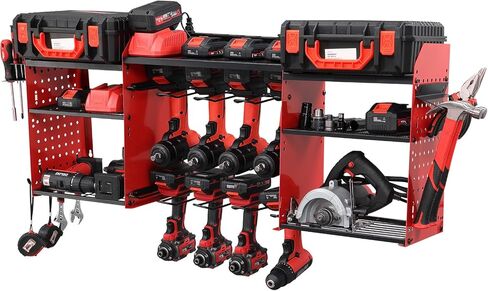 Power Tool Organizer Wall Mount with Charging Station, Heavy Duty 3 Layer Garage Tool Storage with 4 Cordless Drill Holder and 8 Outlet Power Strip, Gift for Men Husband Dad Birthday Anniversary red in Saudi Arabia