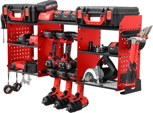 Power Tool Organizer Wall Mount with Charging Station, Heavy Duty 3 Layer Garage Tool Storage with 4 Cordless Drill Holder and 8 Outlet Power Strip, Gift for Men Husband Dad Birthday Anniversary red in Saudi Arabia