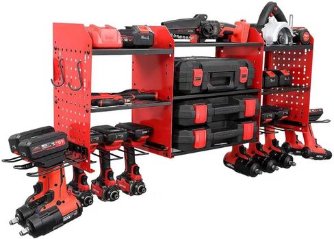 Power Tool Organizer Wall Mount with Charging Station, Heavy Duty 3 Layer Garage Tool Storage with 4 Cordless Drill Holder and 8 Outlet Power Strip, Gift for Men Husband Dad Birthday Anniversary red in Saudi Arabia