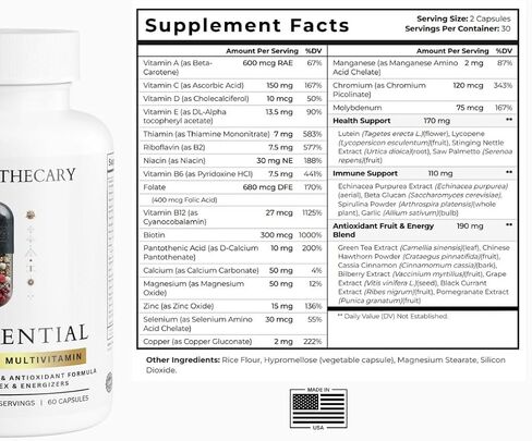 The Essential - فيتامينات يومية متعددة للرجال والنساء، 23 فيتامينًا ومعادن ومزيجًا عشبيًا، دعم المناعة، 60 كبسولة، 30 وجبة، غير معدل وراثيًا، خالي من الغلوتين، صنع في الولايات المتحدة الأمريكية in Kuwait