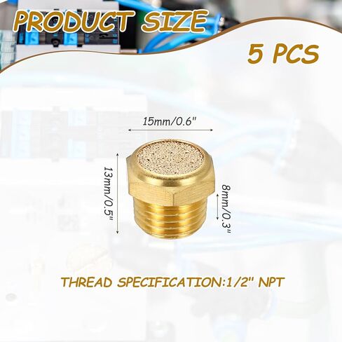 MECCANIXITY 5 قطعة كاتم صوت هوائي ذكر 1/2 بوصة NPT تركيبات هواء كاتم صوت برونزية ملبدة لأداة تعمل بالهواء المضغوط والآلات الصناعية in Saudi Arabia