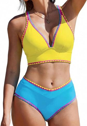 SHESHOW Bikini Sets for Women High Waisted Two Piece Color Block Swimsuit Tummy Control V Neck Womens Bathing Suits S-XL in Kuwait