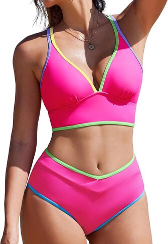 SHESHOW Bikini Sets for Women High Waisted Two Piece Color Block Swimsuit Tummy Control V Neck Womens Bathing Suits S-XL in Saudi Arabia