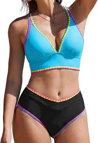 SHESHOW Bikini Sets for Women High Waisted Two Piece Color Block Swimsuit Tummy Control V Neck Womens Bathing Suits S-XL in Saudi Arabia