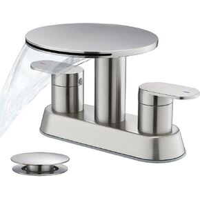 Waterfall Bathroom Sink Faucet 3 Hole Brushed Nickel，Modern 2 Handle Vanity Faucet for Bathroom Sink 4 inch Centerset with Round Shelf & Metal Pop-Up Drain in Saudi Arabia