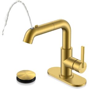 KENES Single Hole Bathroom Faucet with Pull Out Sprayer, Brushed Nickel Single Handle Pull Down Bathroom Faucets, Vanity Faucet with Pop Up Drain & Deck Plate, LJ-9055A in Kuwait