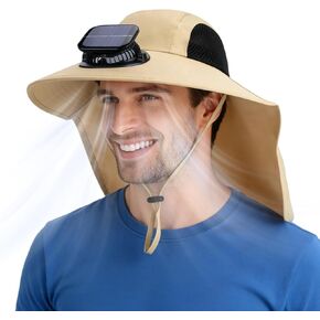 Solar Fan Hat Wide Brim Hat with Fan Sunscreene Neck Flap 3-Speed Outdoor Sun Hat for Fishing,Hiking,USB Solar Charging in Kuwait
