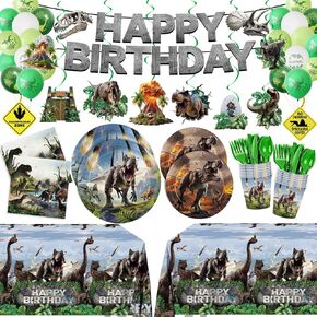 207pcs Dinosaur Party Decorations Plates Napkins Dino World Birthday Supplies Tableware Set Include Plates, Napkins, Cups, Cutlery, Balloon, Banner, Hanging Swirl, Tablecloth for Party Decor Serve 24 in Kuwait